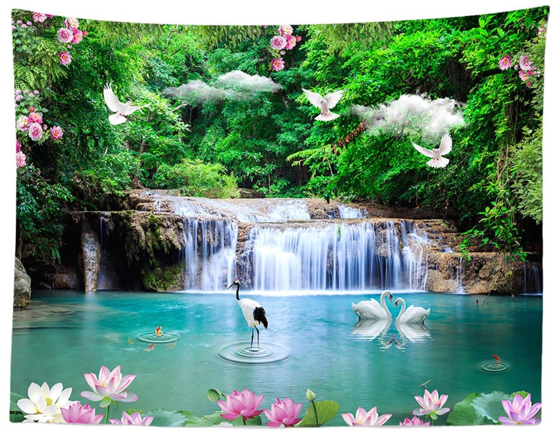 BELECO 7x5ft Fabric Beautiful Forest Lake Waterfall Backdrop Jungle Forest Trees Cascade Nature Backdrop Green Water Crane White Pigeon Lotus Flowers Spring Garden Background Wall Mural Photo Props - Image 5