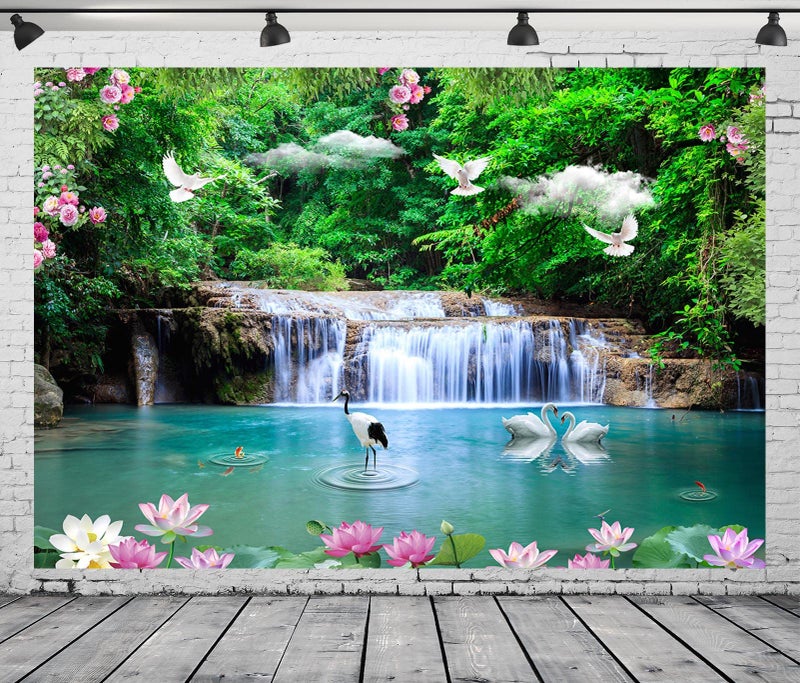 BELECO 7x5ft Fabric Beautiful Forest Lake Waterfall Backdrop Jungle Forest Trees Cascade Nature Backdrop Green Water Crane White Pigeon Lotus Flowers Spring Garden Background Wall Mural Photo Props - Image 3