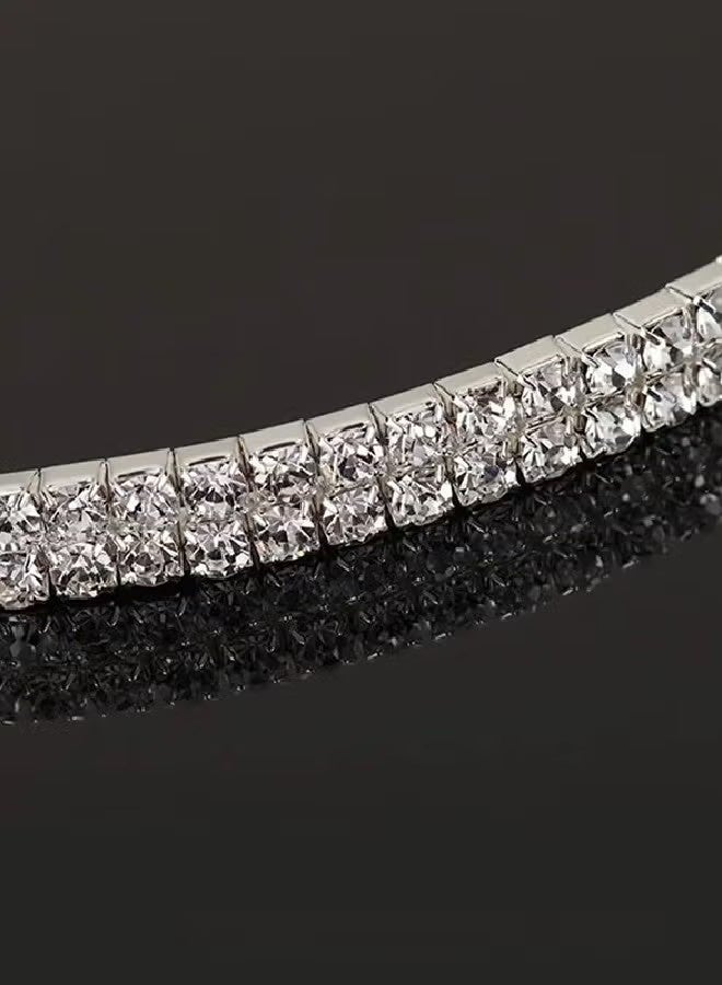 4 Pcs Rhinestone Choker Bracelet Ring Earrings Studs Set Double Row Round Diamond Collar Necklace Bridal Evening Dress Accessories for Women Silver/Clear - Image 3