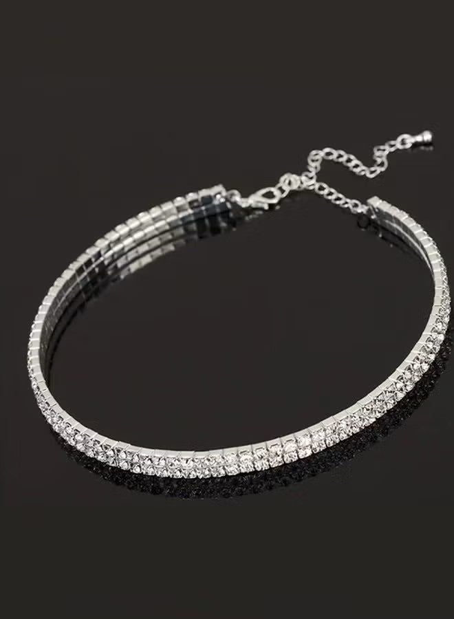 4 Pcs Rhinestone Choker Bracelet Ring Earrings Studs Set Double Row Round Diamond Collar Necklace Bridal Evening Dress Accessories for Women Silver/Clear - Image 2