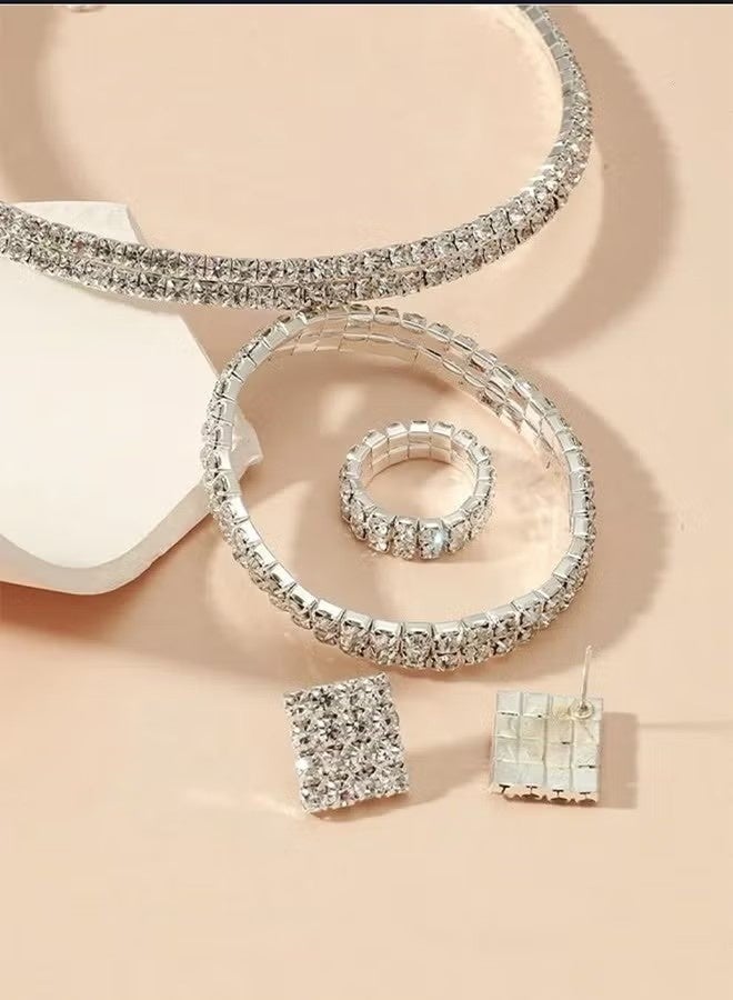 4 Pcs Rhinestone Choker Bracelet Ring Earrings Studs Set Double Row Round Diamond Collar Necklace Bridal Evening Dress Accessories for Women Silver/Clear - Image 5