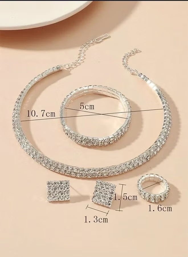 4 Pcs Rhinestone Choker Bracelet Ring Earrings Studs Set Double Row Round Diamond Collar Necklace Bridal Evening Dress Accessories for Women Silver/Clear - Image 4