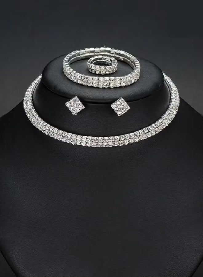 4 Pcs Rhinestone Choker Bracelet Ring Earrings Studs Set Double Row Round Diamond Collar Necklace Bridal Evening Dress Accessories for Women Silver/Clear - Image 1