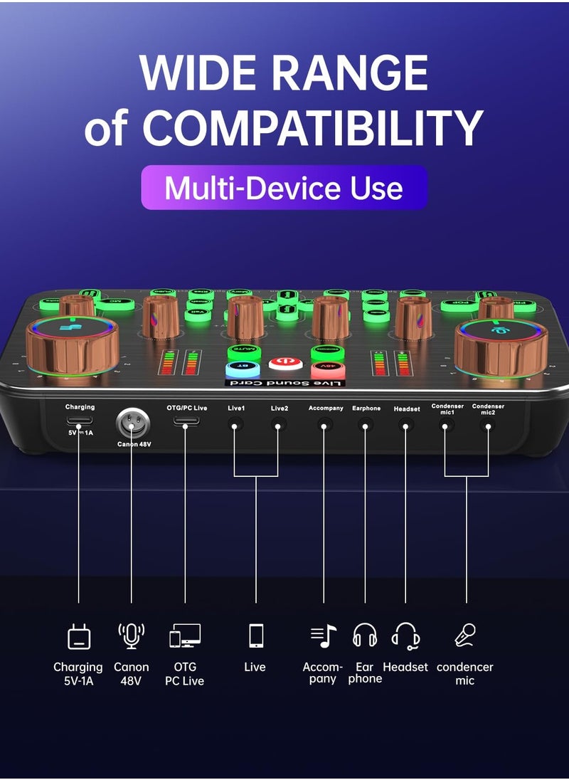 Sunbmebge K600 Live Sound Card Audio Mixer,Audio Interface with DJ Mixer Live Sound Effects Voice Changer,48V Phantom Power,Podcast Mixer for Phone PC Live Streaming Recording Tiktok YouTube Gaming  - Image 4