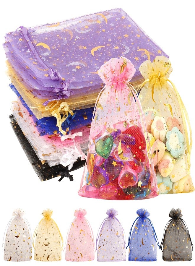 WSepascI Moon Star Organza Bags, 100 Pcs Mesh Organza Bags 4×6 Inches with Drawstring, Mixed Color Small Mesh Drawstring Bag, Jewelry Gift Pounches for Wedding Candy Halloween Christmas Festival Party Favor - Image 1