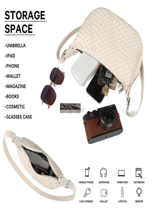 Queenoris Woven Small Crescent Bags for Women, Vegan Leather Shoulder Bag Trendy Crossbody Purses with Adjustable Strap, Beige, Small, Woven - Image 4