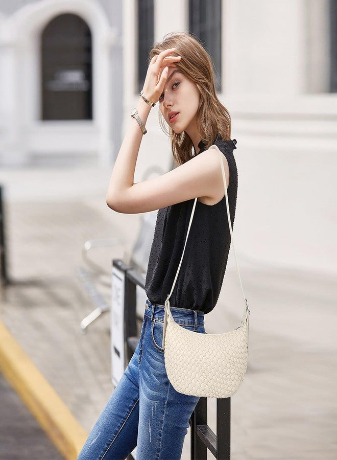Queenoris Woven Small Crescent Bags for Women, Vegan Leather Shoulder Bag Trendy Crossbody Purses with Adjustable Strap, Beige, Small, Woven - Image 2