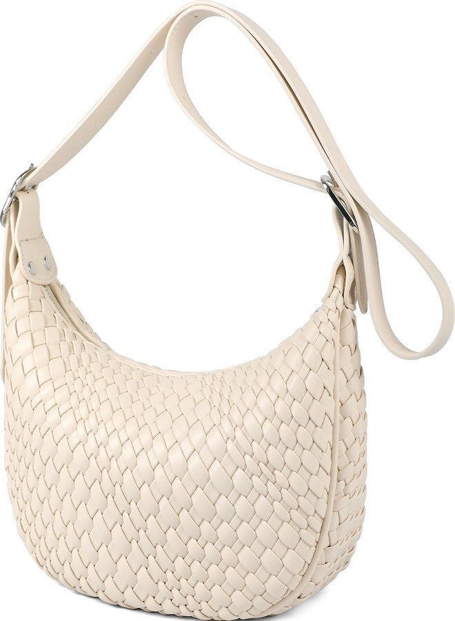 Queenoris Woven Small Crescent Bags for Women, Vegan Leather Shoulder Bag Trendy Crossbody Purses with Adjustable Strap, Beige, Small, Woven - Image 1