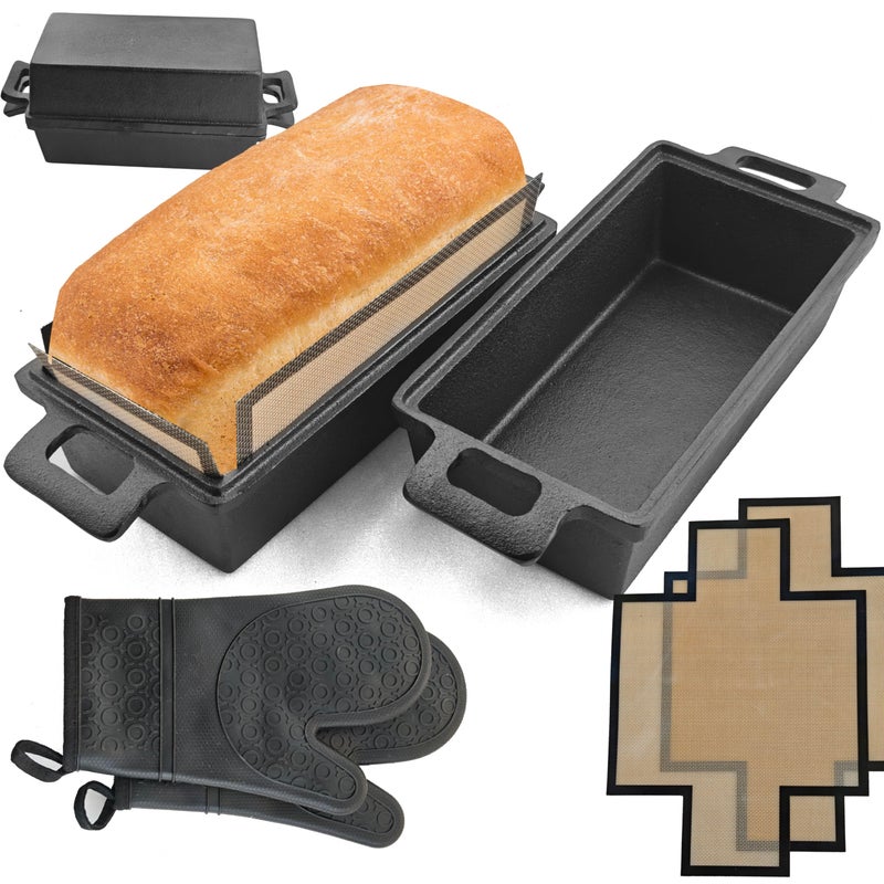 Voulosimi 2-In-1 Cast Iron Oven Pan - 9"x5" Durable Loaf Pans Rectangular Baking Pan set for home baking, 2 Piece Set -1.8 QTÃ—2 Pcs (Silicone mats, Bread Pan 3 Set) - Image 1