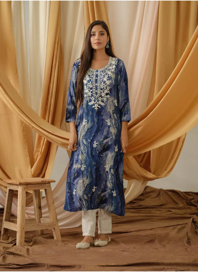 DW Printed Round Neck Straight Kurta by Styli
