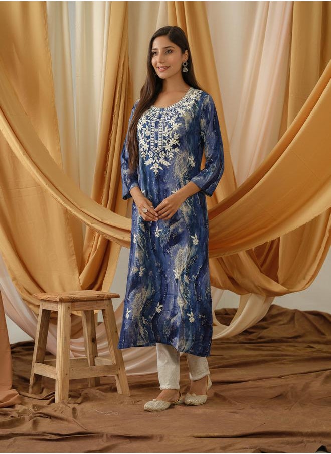DW Printed Round Neck Straight Kurta by Styli  - Image 3