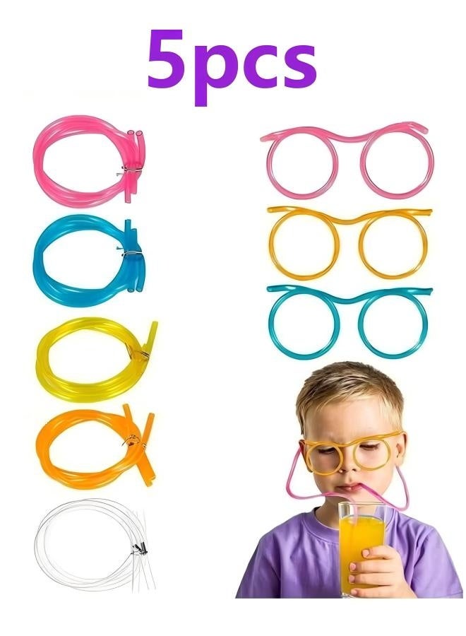 5 Pcs Straws Glasses Plastic Fun Glasses Straw Covers Cap Reusable Straws for Kids Glasses Straws Drinking Adult Party Fun Straws for Eye Glasses Straw Tube Toy and Birthday Party Set - Image 1