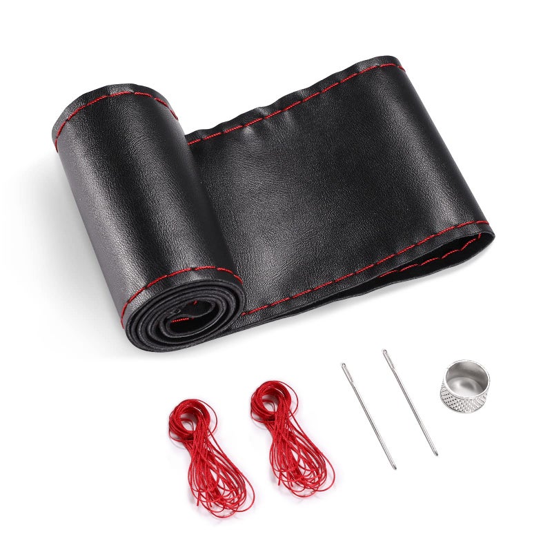 SEG Direct Genuine Leather Steering Wheel Cover Stitch On Wrap 15 Inch Steering Wheel Wrap for Car Truck SUV Pickup Boat DIY Sewing with Needle Thread Black with Red Thread