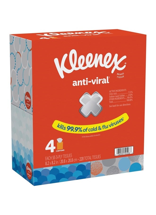 Kleenex Anti-Viral Facial Tissues, Classroom or Office Tissue, 4 Cube Boxes, 55 Tissues per Box, 3-Ply (220 Total Tissues)  - Image 1