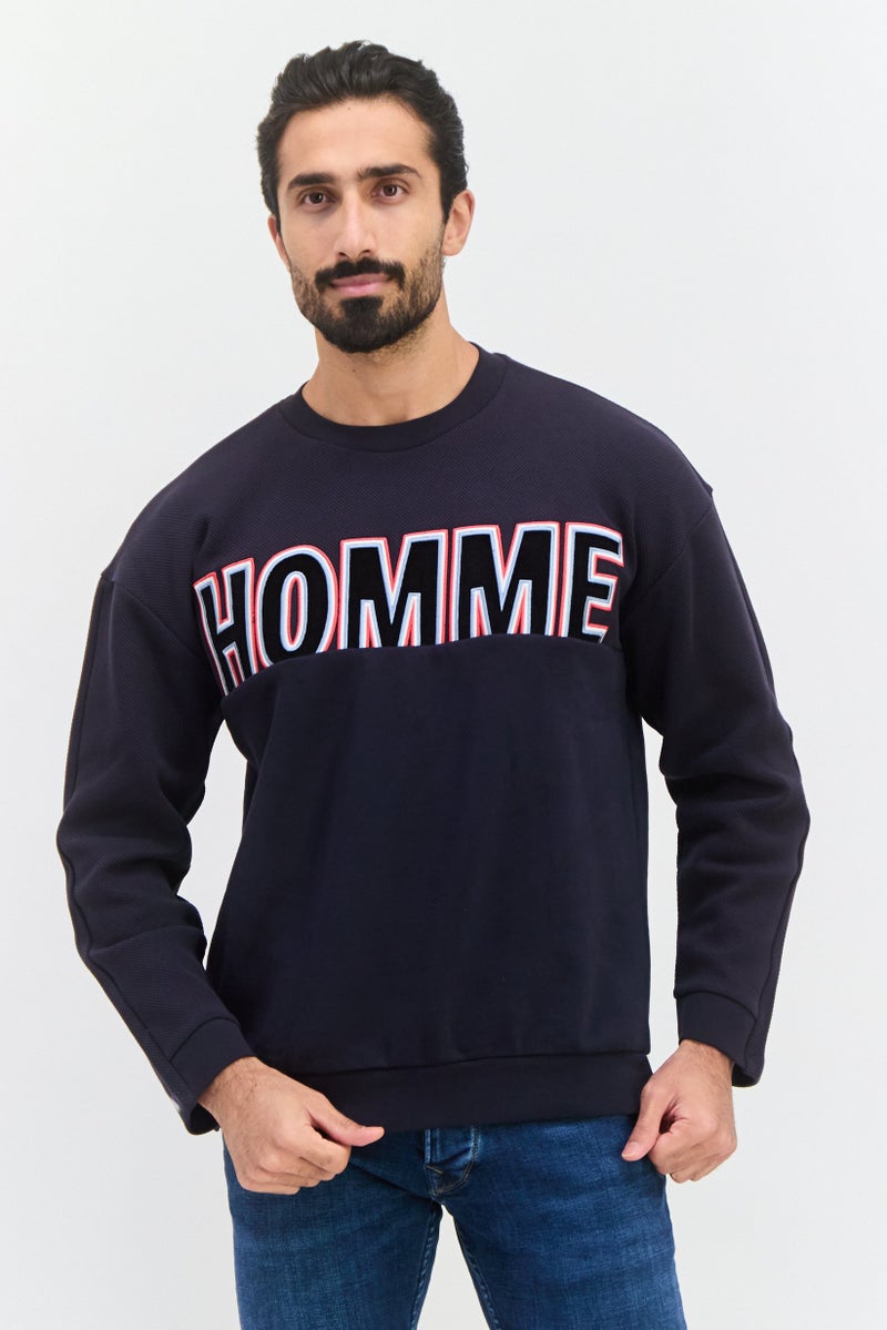 SELECTED Men Crew Neck Long Sleeves Graphic Print Sweater, Navy - Image 1