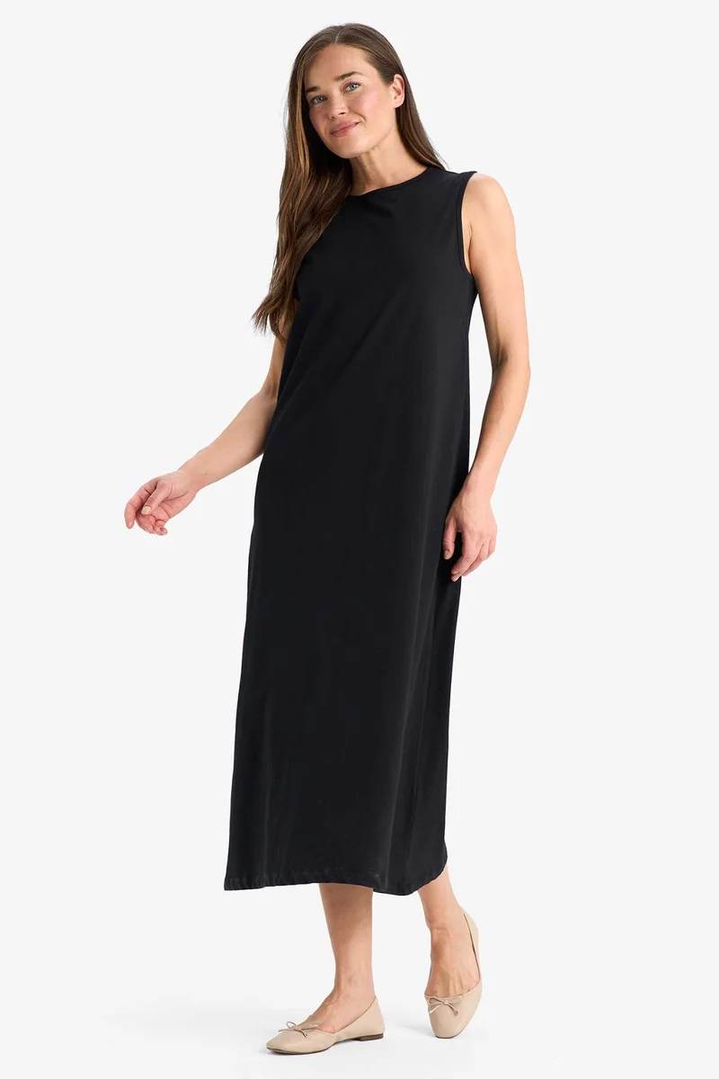 Defacto Regular Fit Crew Neck Basic Cotton Midi Dress