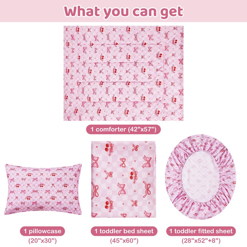 lasoftan Toddler Bedding Set, Toddler Bed Comforter Sets for Girls, Toddler Bed Set, Pink Cherry Printed - Image 4