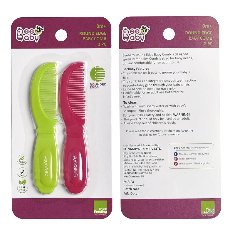 BeeBaby Round Edge Baby Comb. Pack of 2. (Pink & Green) 0M+ - Image 5