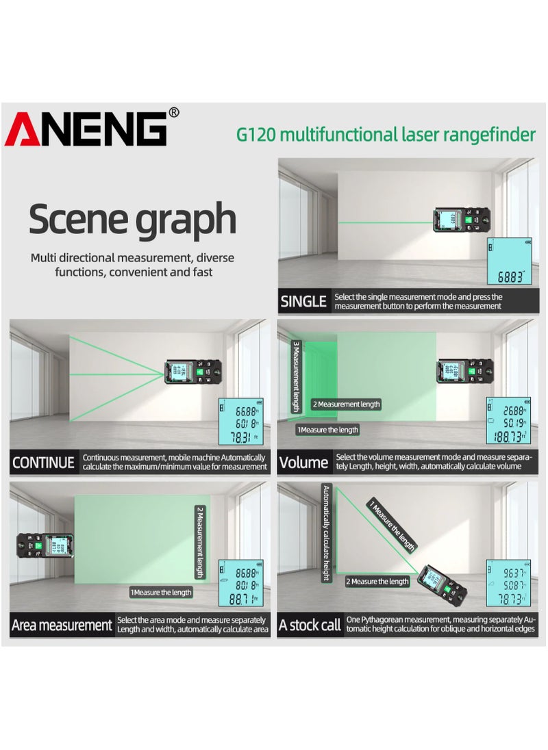 ANENG - 50M/70M/100M/120M Digital Green Laser Distance Meter with Bubble Level Handheld Green Beam Laser Measure LCD Mini Outdoor Rangefinder Distance/Area/Volume/Pythagorean Measuring Tool Unit Switching - Image 1
