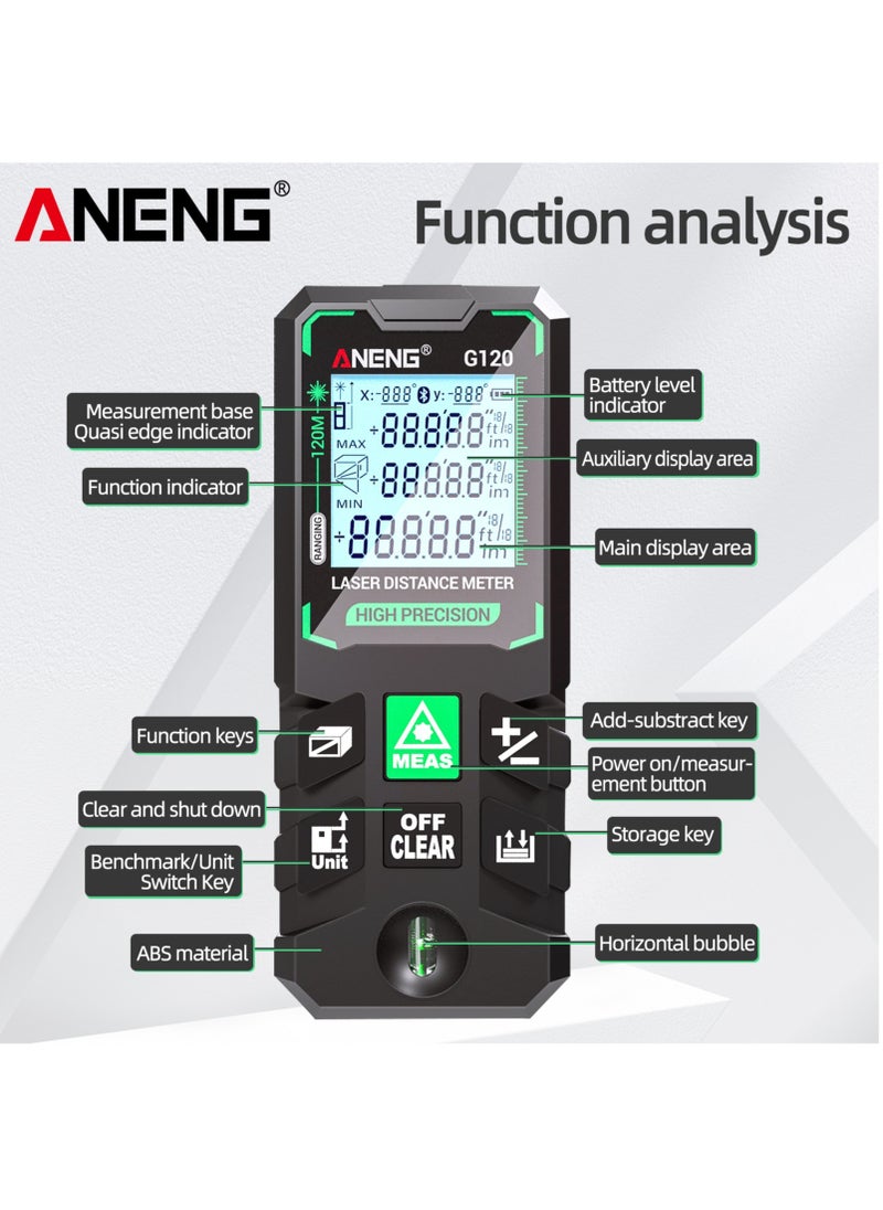 ANENG - 50M/70M/100M/120M Digital Green Laser Distance Meter with Bubble Level Handheld Green Beam Laser Measure LCD Mini Outdoor Rangefinder Distance/Area/Volume/Pythagorean Measuring Tool Unit Switching - Image 1