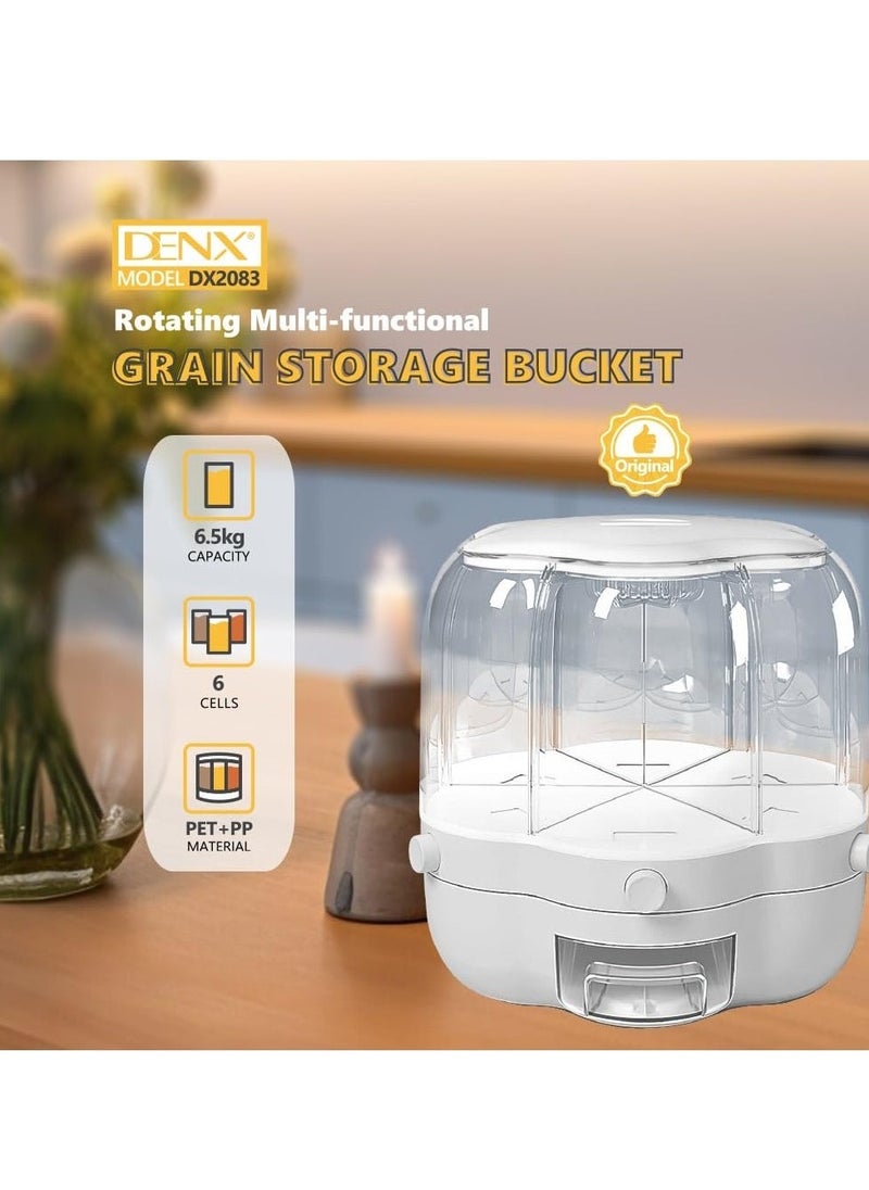 Denx 6.5Kg Capacity Rotating Multi-Functional Grain Storage Bucket, 6-Compartment Dry Food Container With 360° Rotation, Transparent Design & Moisture-Proof Storage For Rice, Cereal, Nuts, Pasta, Dx2083 - Image 5