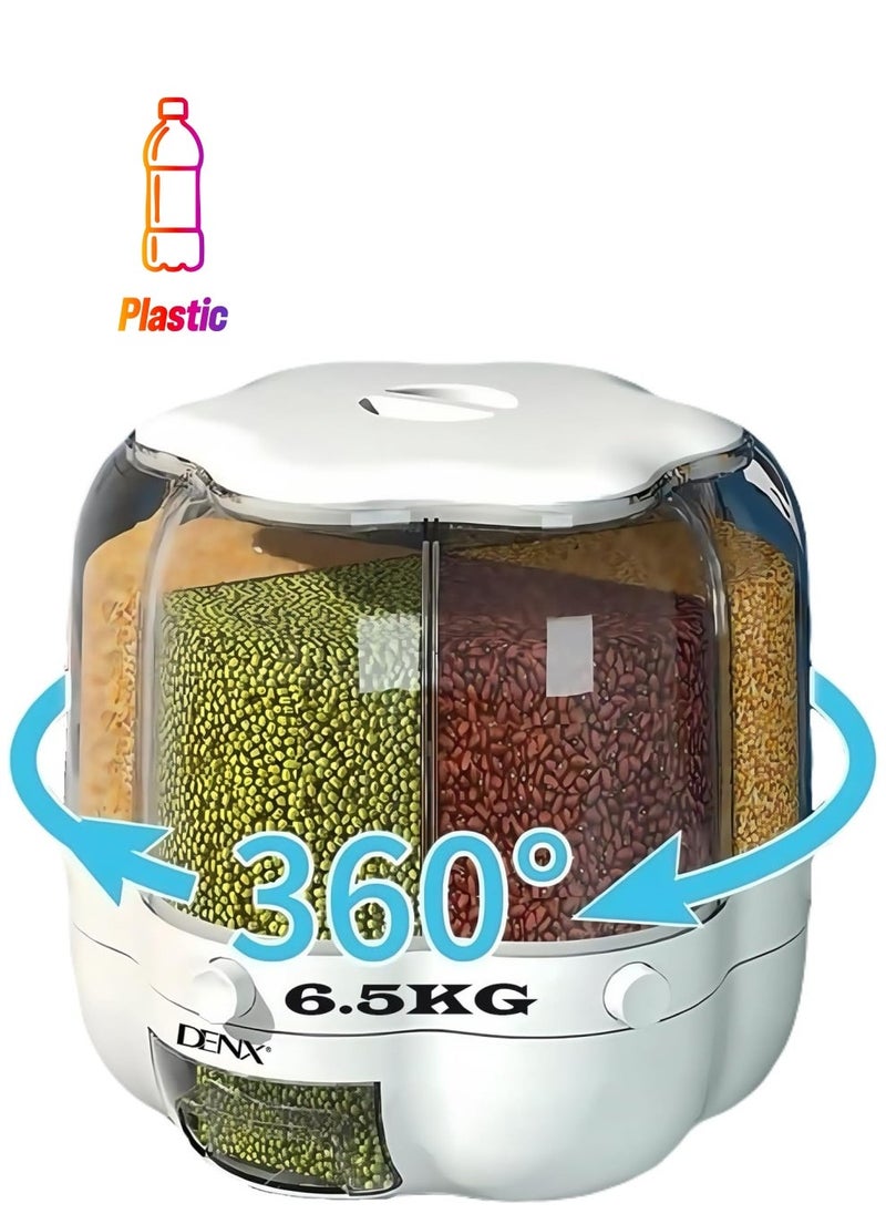Denx 6.5Kg Capacity Rotating Multi-Functional Grain Storage Bucket, 6-Compartment Dry Food Container With 360° Rotation, Transparent Design & Moisture-Proof Storage For Rice, Cereal, Nuts, Pasta, Dx2083 - Image 1