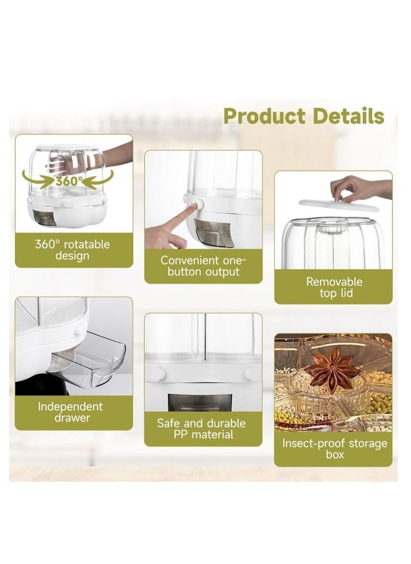 Denx 6.5Kg Capacity Rotating Multi-Functional Grain Storage Bucket, 6-Compartment Dry Food Container With 360° Rotation, Transparent Design & Moisture-Proof Storage For Rice, Cereal, Nuts, Pasta, Dx2083 - Image 4