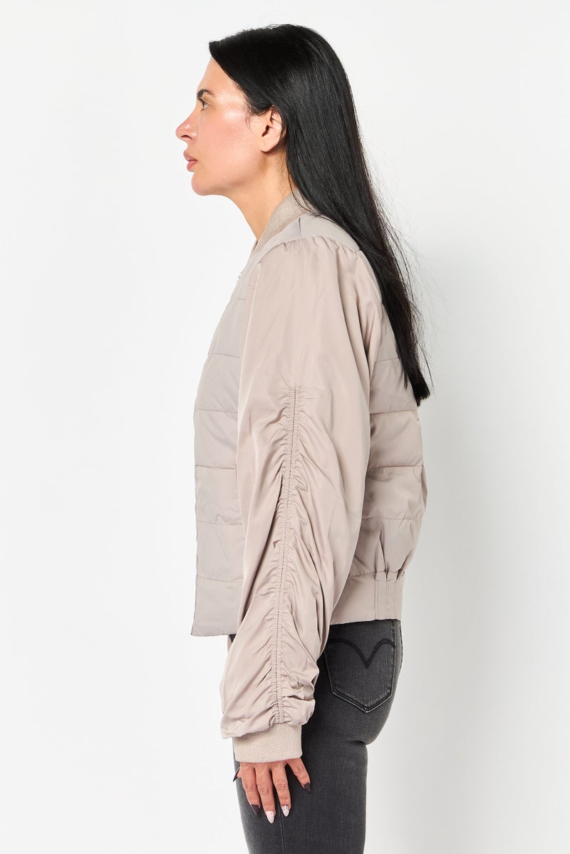 Andrew Marc Women Solid Bomber Jacket, Dark Beige - Image 3