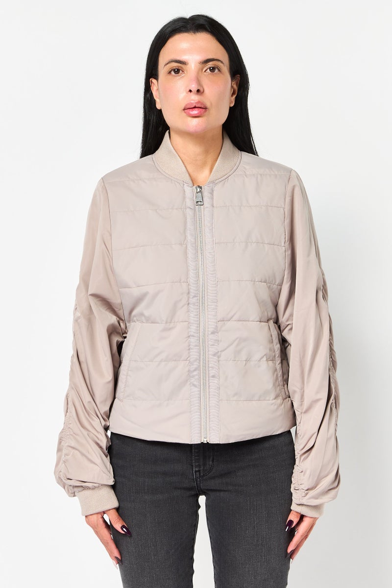 Andrew Marc Women Solid Bomber Jacket, Dark Beige - Image 1