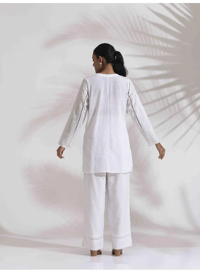 trueBrowns White Cotton Schiffli Co-ord Set