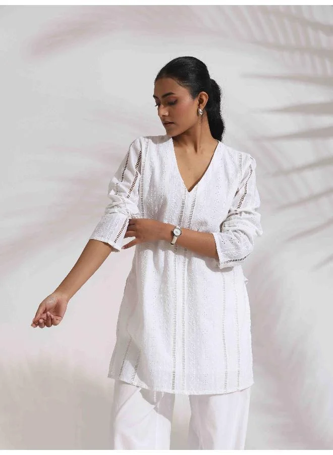 trueBrowns White Cotton Schiffli Co-ord Set