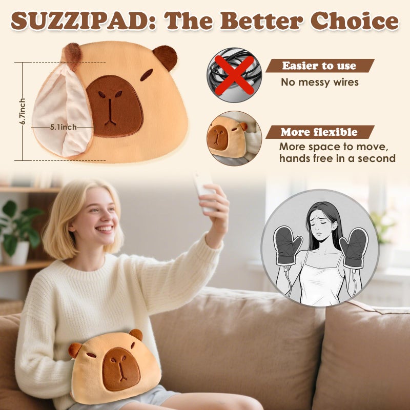 SUZZIPAD Microwave Hand Warmers  Capybara Plush Pillow  Hand Muffs  Microwavable Heating Pads For Hands  Belly  Shoulders  Multi-Use  Cozy Gifts For Women And Girls- 7.9"" X 12.2""  2.2 Lbs - Image 5