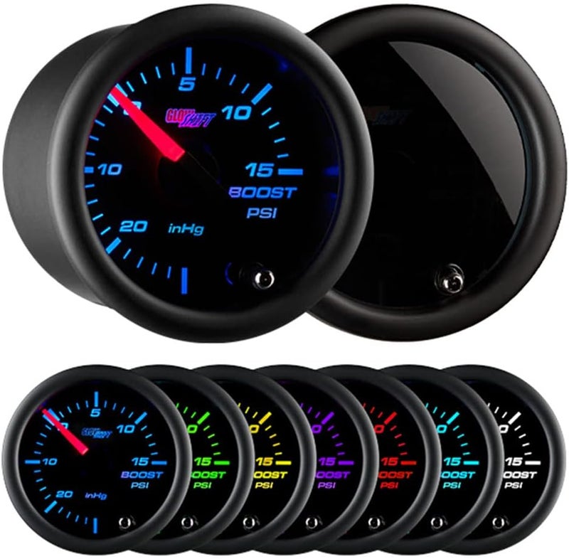GLOWSHIFT Tinted 7 Color 15 PSI Turbo Boost/Vacuum Gauge Kit - Includes Mechanical Hose, T-Fitting & Wiring - Multi-Color Display - Black Dial - Smoked Lens - for Car & Truck - 2-1/16" 52mm - Image 1