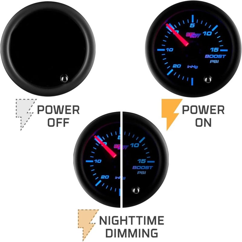 GLOWSHIFT Tinted 7 Color 15 PSI Turbo Boost/Vacuum Gauge Kit - Includes Mechanical Hose, T-Fitting & Wiring - Multi-Color Display - Black Dial - Smoked Lens - for Car & Truck - 2-1/16" 52mm - Image 4