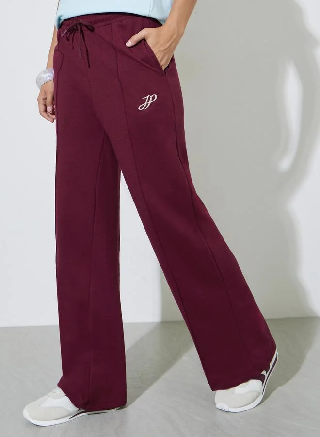 Styli Burgundy Solid Wide Leg Pants with Pockets
