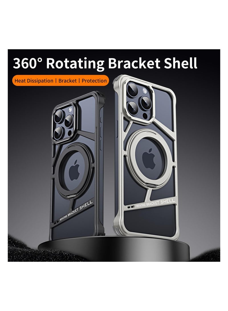 SYOSI New Metal Hollow Phone Case for iPhone 15 Pro Max, Protective Aluminum Bumper with Stand, Magnetic Suction Bracket, Heat Dissipation Design - Image 2