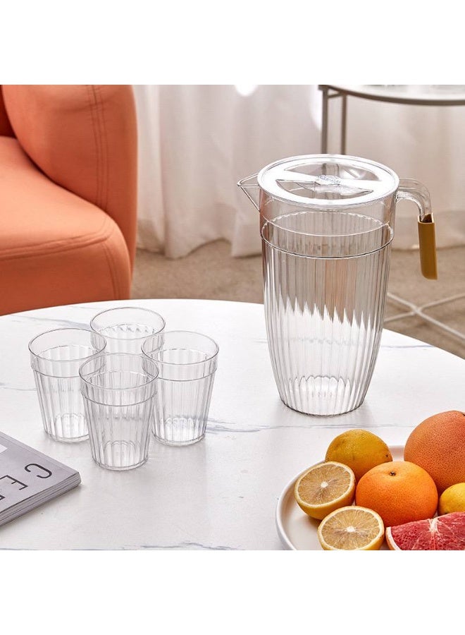 دورق عصائر اكريلك مع 4 اكواب محكم الغلق صحي وامن بتصميم معالج ضد الكسر - لون شفاف