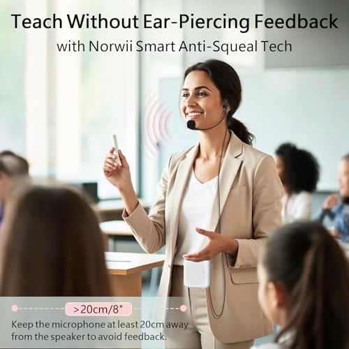 Norwii Bluetooth Voice Amplifier, Power Amplifiers, Portable Mini Wired Microphone Headset for Teacher Classroom & Outdoor Lectures, Teaching, Tour Guides, USB-C Rechargeable - 4000mAh, White - Image 5