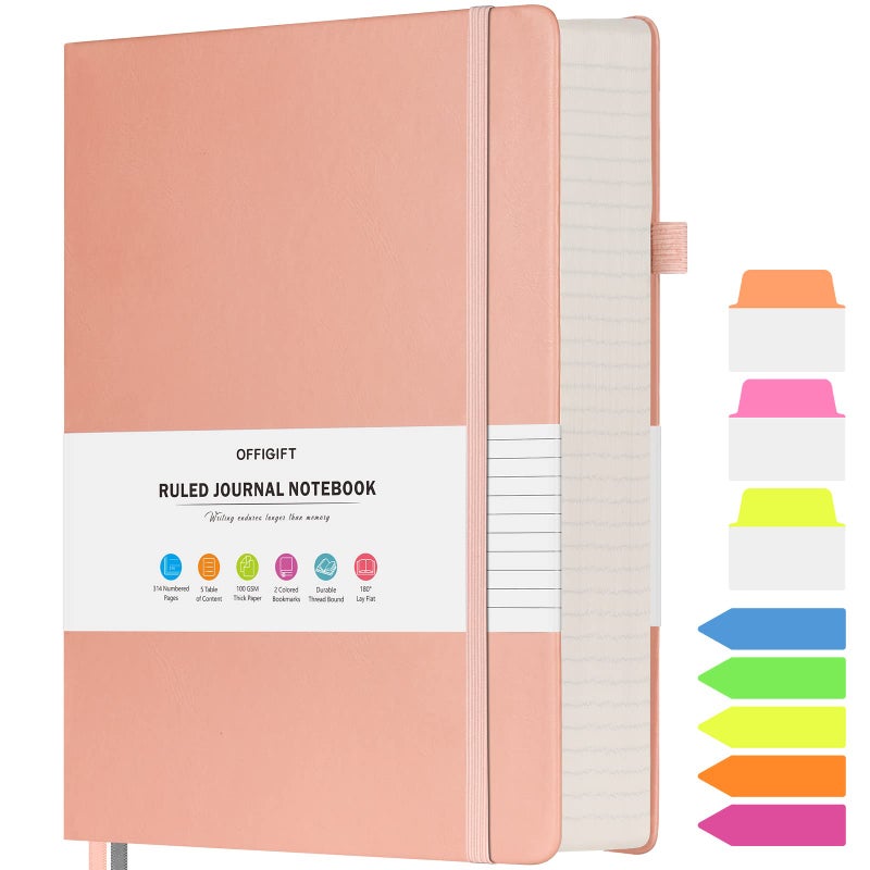 OFFIGIFT Lined Journal Notebook, Large A5 College Ruled Notebook, 312 Numbered Pages Work Notebook with Index Stickers, 100gsm Thick Paper, Hardcover Vegan Leather Journal for Women Men School Office, Pink - Image 1