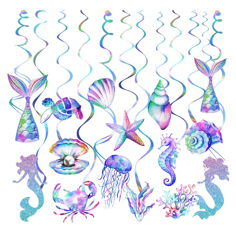 PERFQU 30 Pcs Mermaid Hanging Swirl - Mermaid Party Decorations, Mermaids Parties Supplies for Girls, Ocean Ceiling Streamers for Mermaids Party Favors, Baby Shower and Theme Birthday Parties Decoration - Image 1