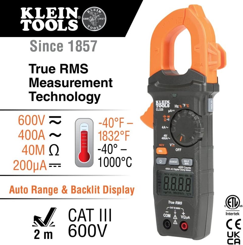 Klein Tools CL320 Digital Clamp Meter, HVAC AC Auto-ranging 400A, AC/DC Voltage, TRMS, DC Microamps, Resistance, Frequency, NCVT, Temp, More - Image 2