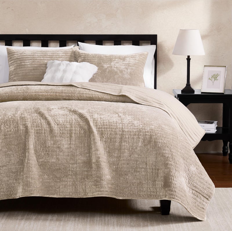 WDCOZY Velvet Queen Size Quilt Set - Beige Striped Pick Stitch Soft Lightweight Bedspread, Neutral Channel Farmhouse Country Rustic Coverlet, Modern Bedding Warm Thin Comforter, 3 Pieces - Image 1