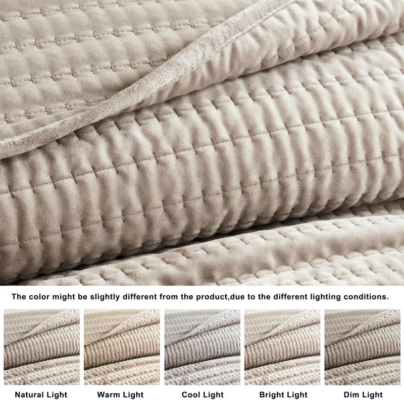 WDCOZY Velvet Queen Size Quilt Set - Beige Striped Pick Stitch Soft Lightweight Bedspread, Neutral Channel Farmhouse Country Rustic Coverlet, Modern Bedding Warm Thin Comforter, 3 Pieces - Image 4