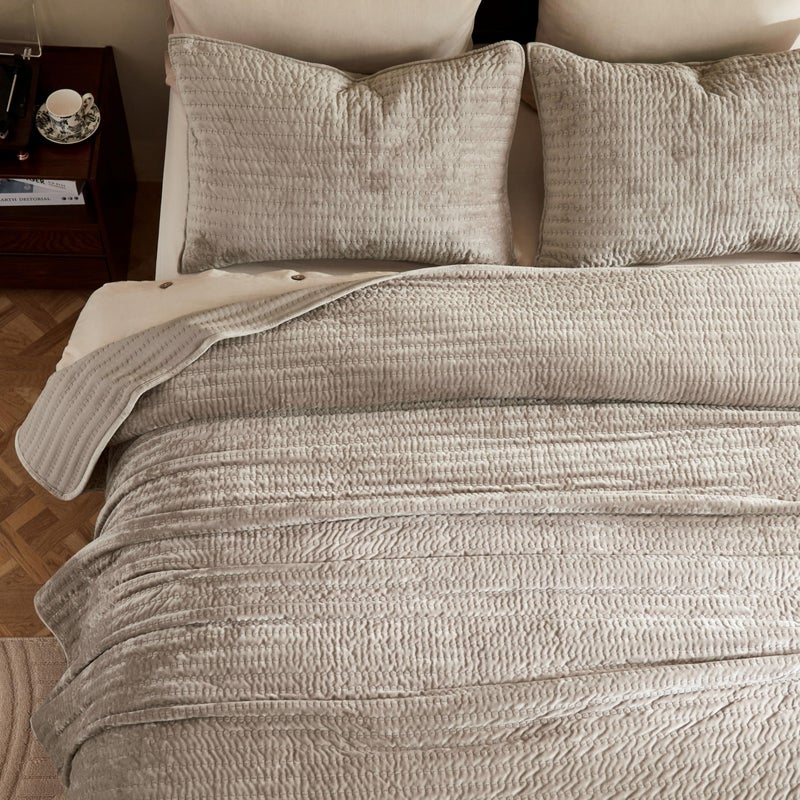 WDCOZY Velvet Queen Size Quilt Set - Beige Striped Pick Stitch Soft Lightweight Bedspread, Neutral Channel Farmhouse Country Rustic Coverlet, Modern Bedding Warm Thin Comforter, 3 Pieces - Image 2