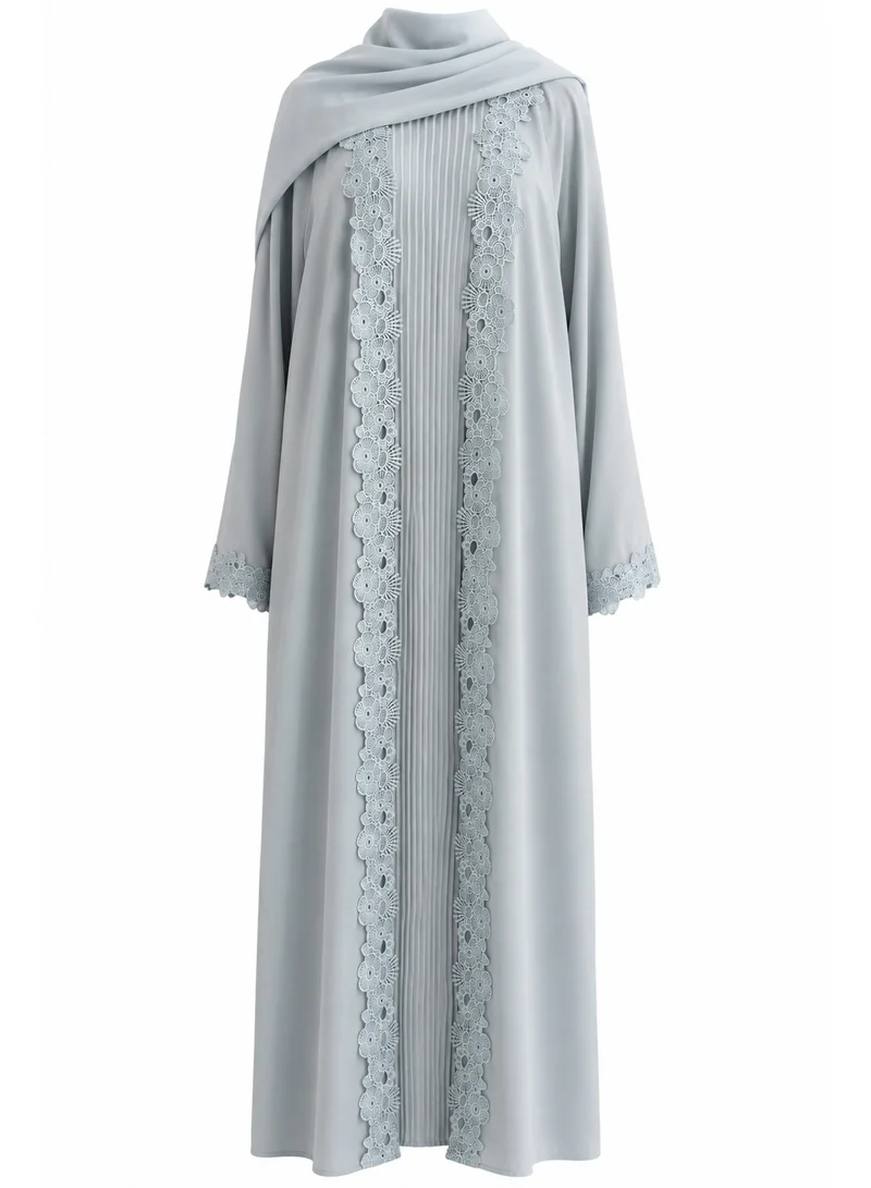Amnad International Special Edition, 3-Piece Lace-Trimmed Nida Abaya Set with Inner Dress & Chiffon Hijab, Sky Blue, Sizes 52-60 inches