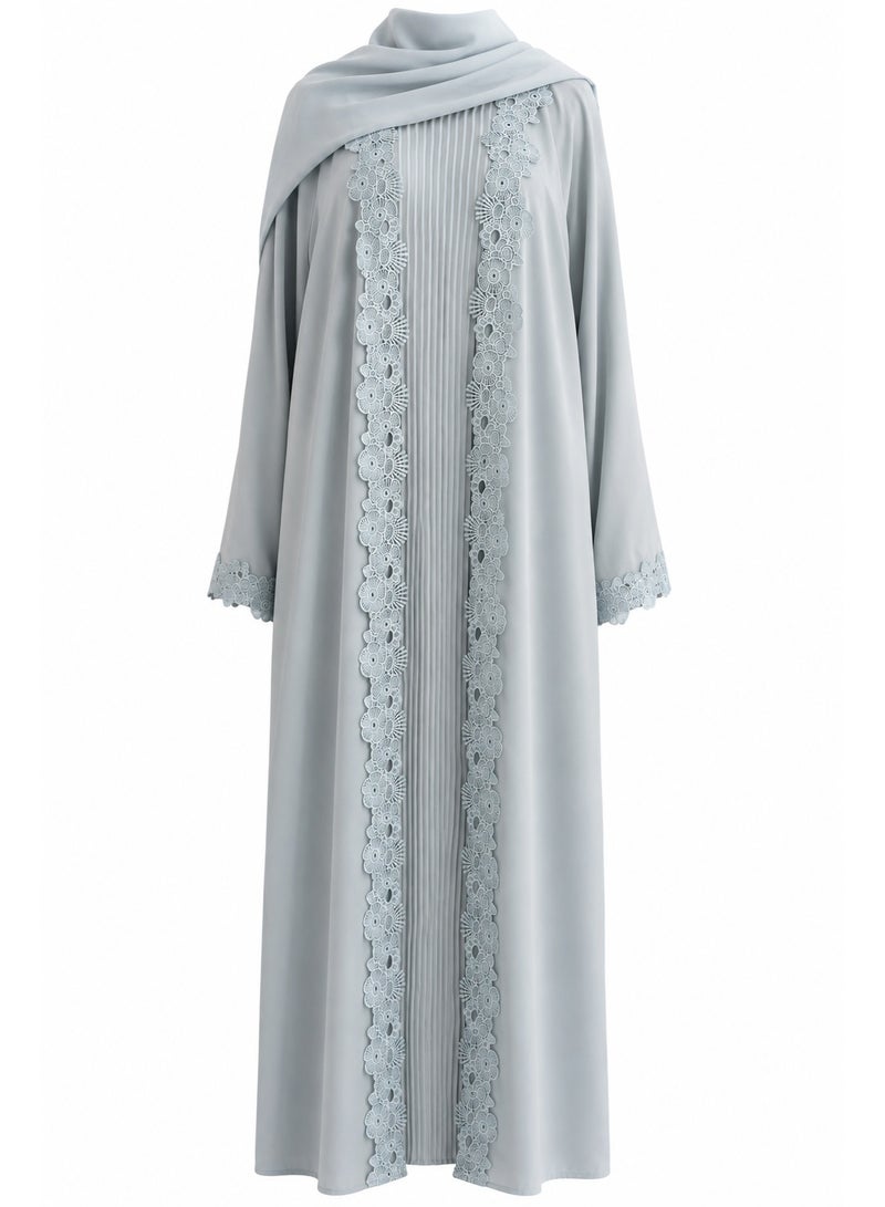 Amnad International Special Edition, 3-Piece Lace-Trimmed Nida Abaya Set with Inner Dress & Chiffon Hijab, Sky Blue, Sizes 52-60 inches - Image 1