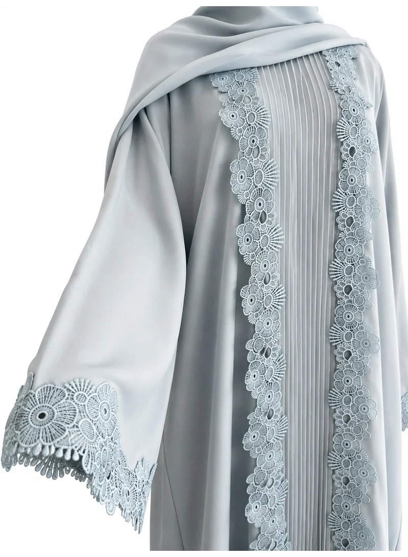 Amnad International Special Edition, 3-Piece Lace-Trimmed Nida Abaya Set with Inner Dress & Chiffon Hijab, Sky Blue, Sizes 52-60 inches
