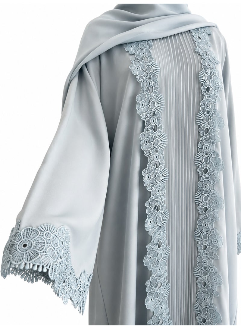 Amnad International Special Edition, 3-Piece Lace-Trimmed Nida Abaya Set with Inner Dress & Chiffon Hijab, Sky Blue, Sizes 52-60 inches - Image 2