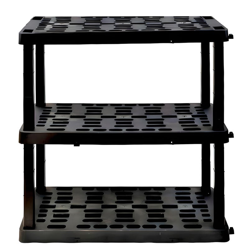 Oskar Heavy Duty Plastic Storage Shelves for Garage Kitchen Bathroom Basement Kids Room Stackable 3Tier Black Organizer Rack for Books Shoes Toys Pantry Cleaning and Closet Organization