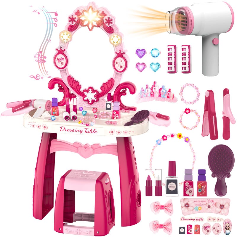 Surelect Toddler Makeup Table Toy with Mirror and Chair Kids Pretend Play Vanity Set with Lights and Sounds Hairdryer Make Up Accessories for 36 Years Old Girls - Image 3
